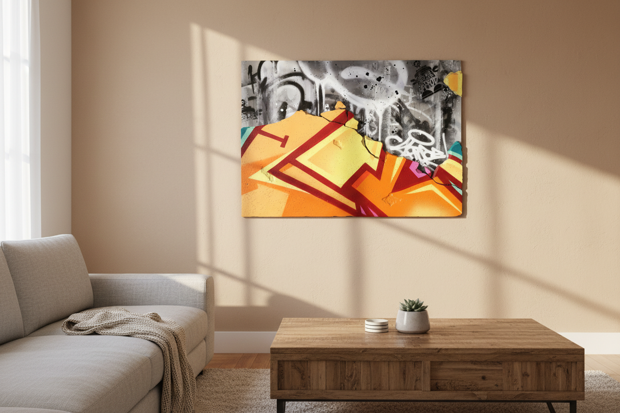Modern living room with a gray sofa, wooden coffee table, and abstract art on the wall.