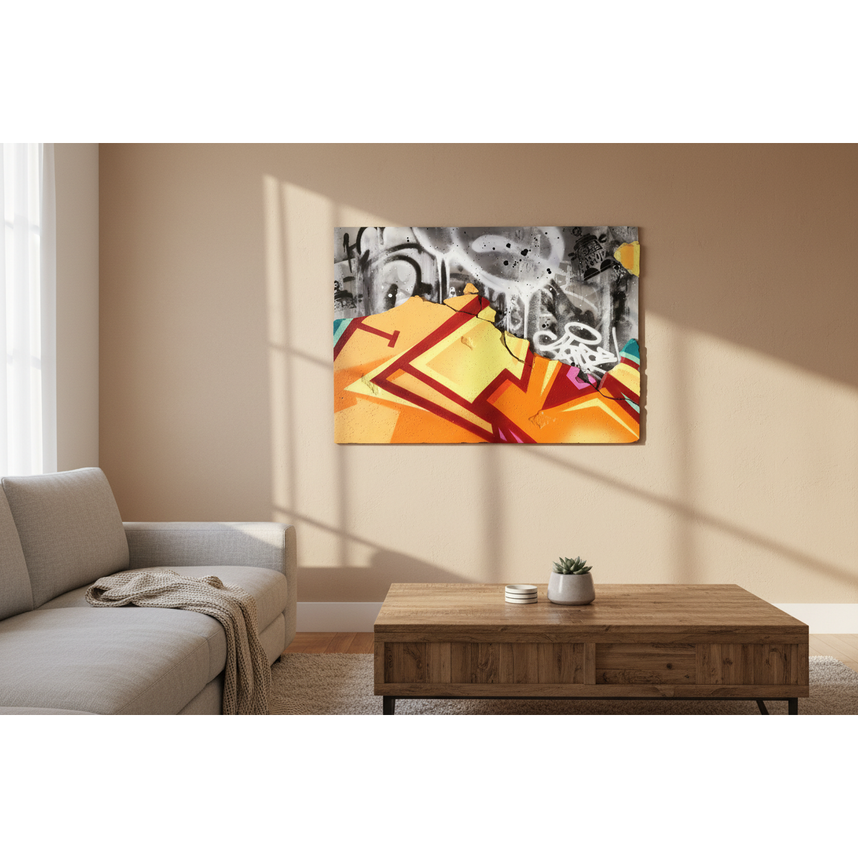 Modern living room with a gray sofa, wooden coffee table, and abstract art on the wall.