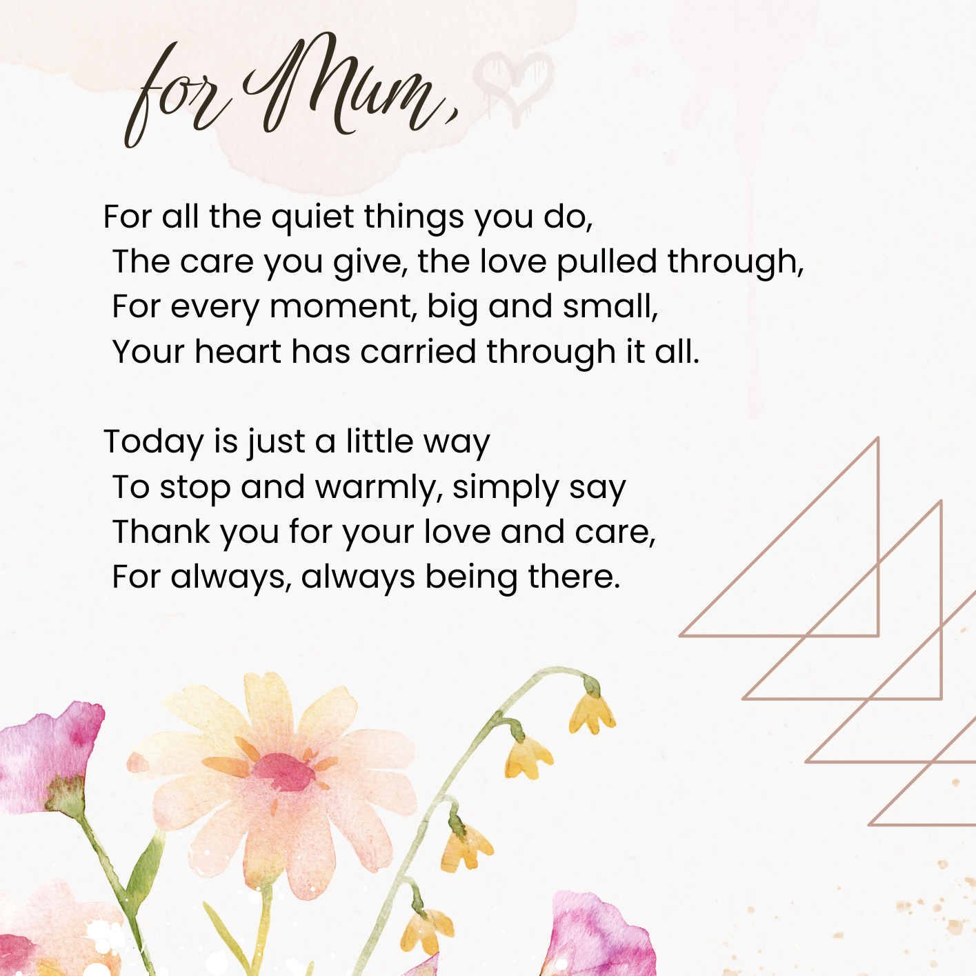 Greeting card for Mother's Day with flowers and a heartfelt message on a white background.