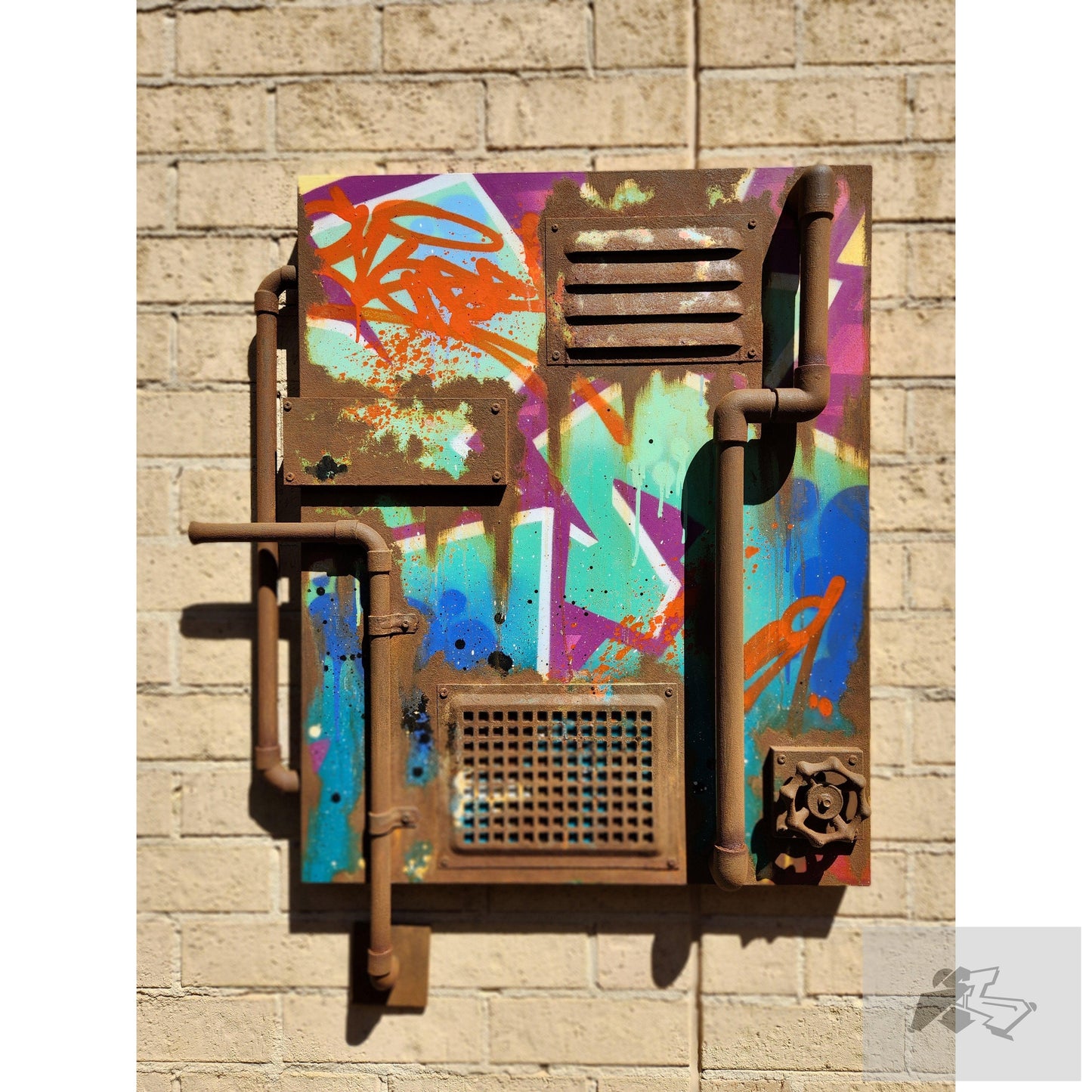 Rust, pipes, tags, and coloured graffiti canvas-Silence Melbourne