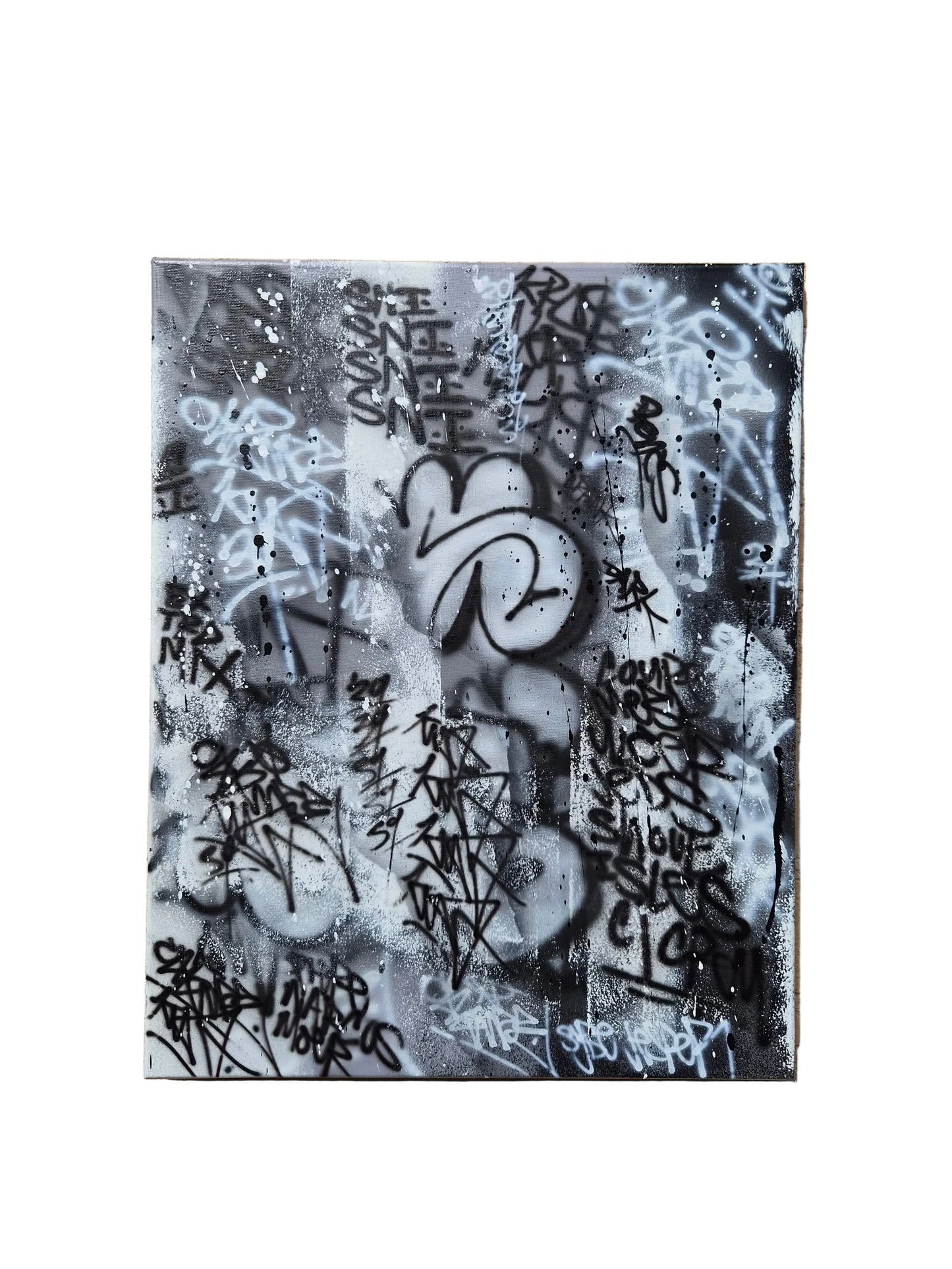 Original black and white graffiti tag canvas inspired by the sticker wall at Bayside Shopping Centre. Melbourne street art style. 