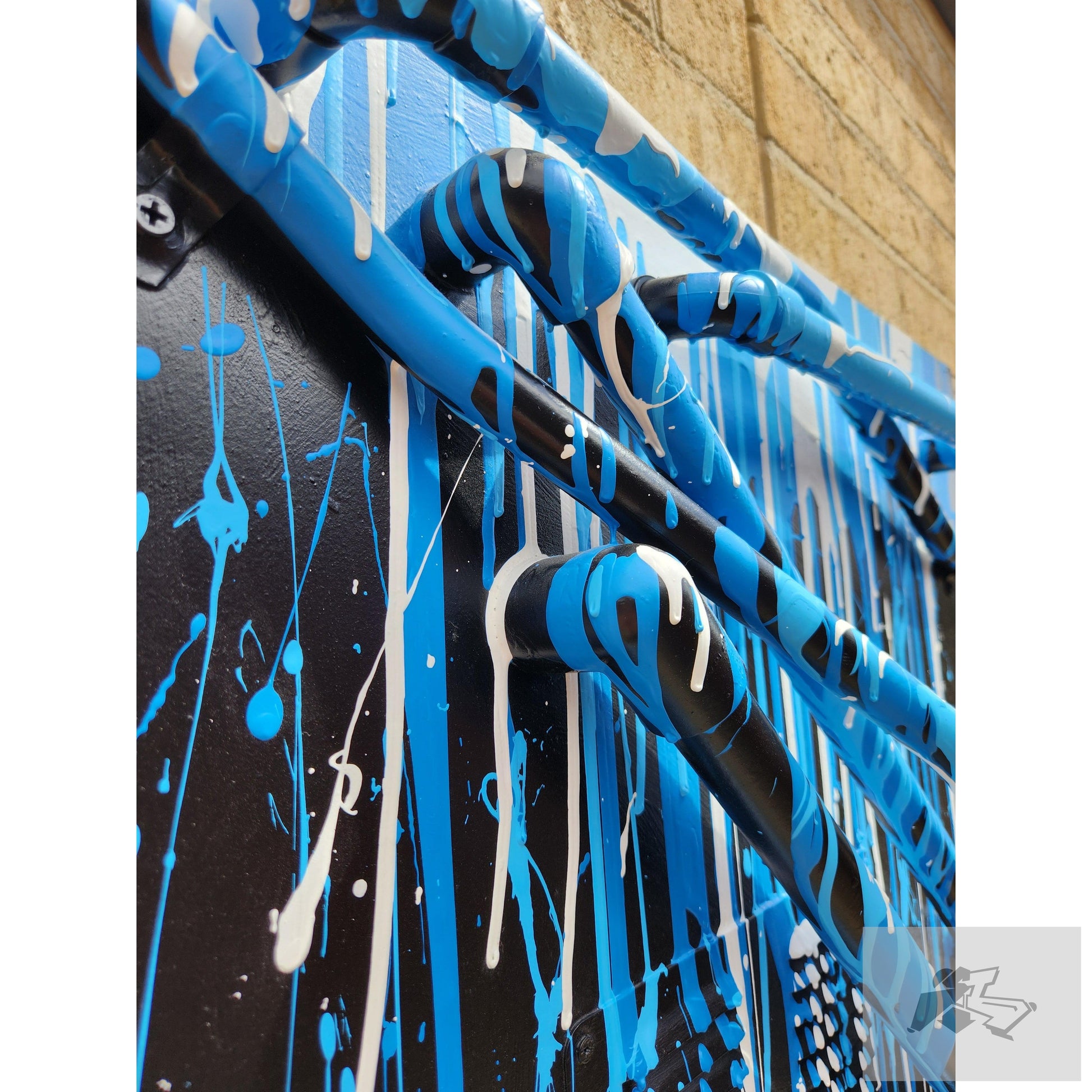 Blue and white drips on black with pipes canvas-Silence Melbourne