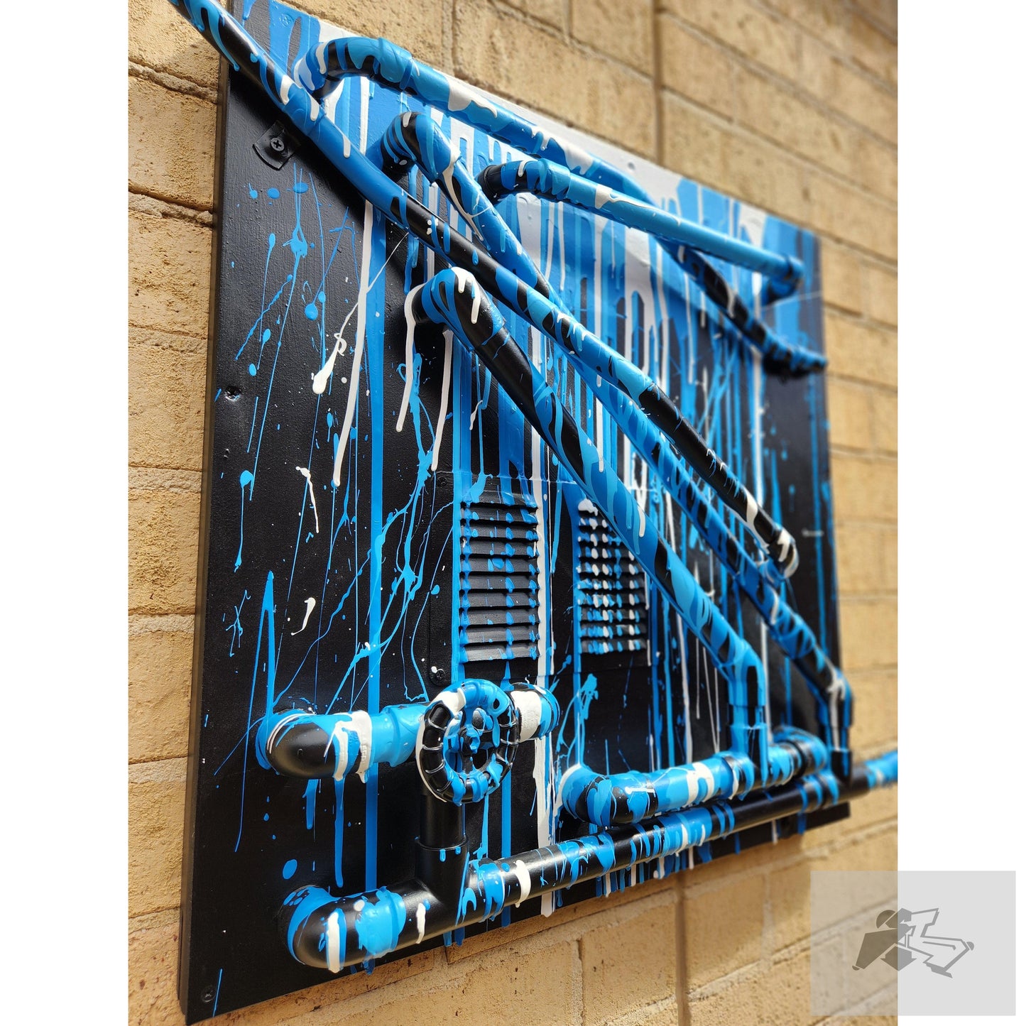 Blue and white drips on black with pipes canvas-Silence Melbourne