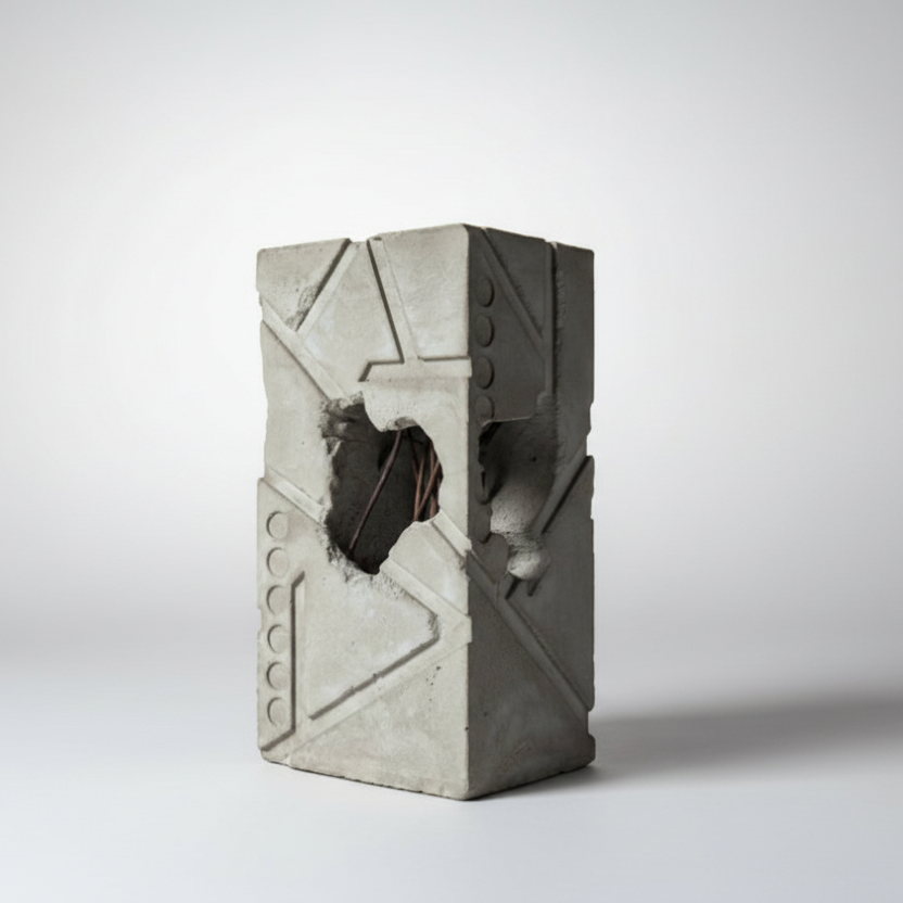 Concrete block with geometric design on a white background