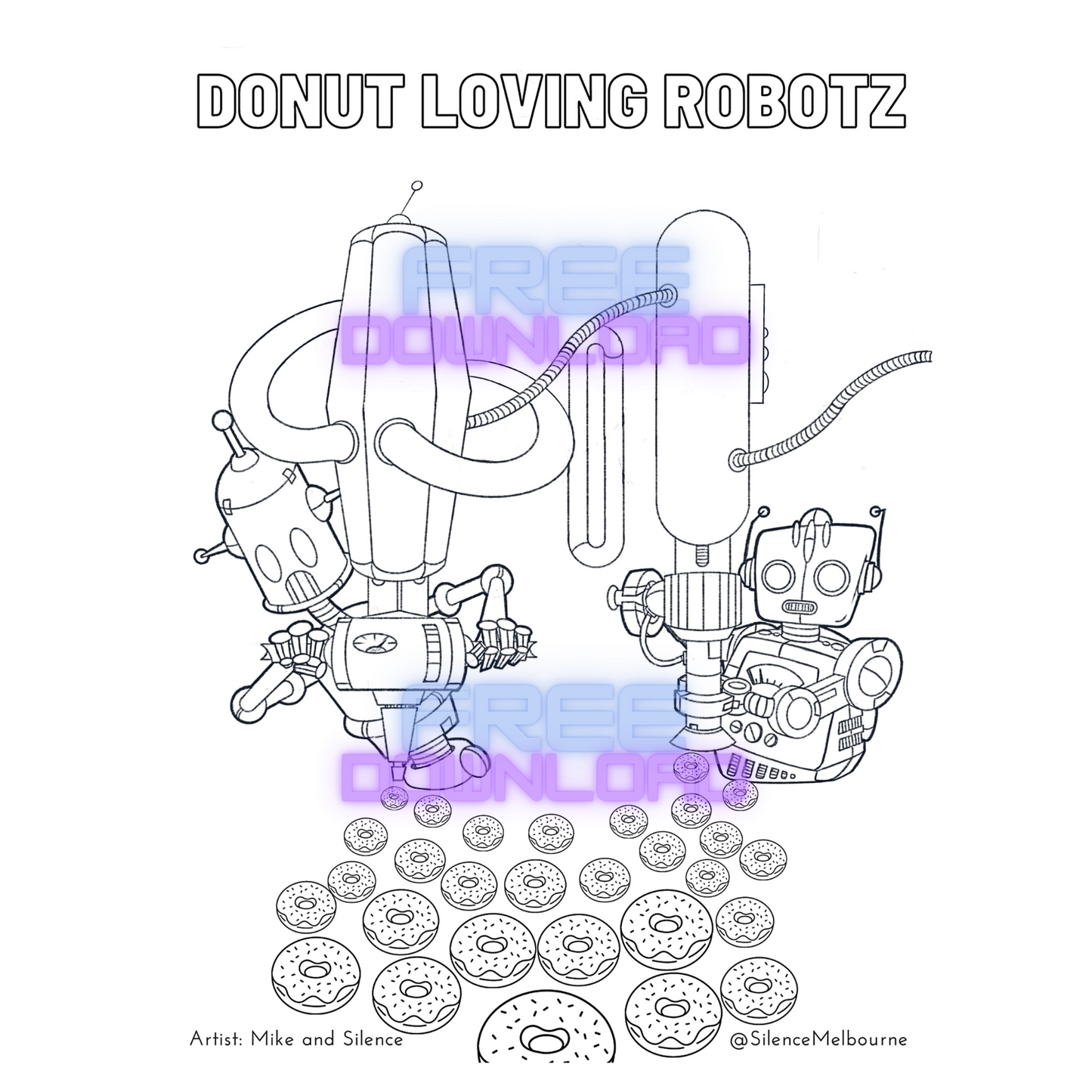 Free Download: Donut Devouring Robot Colouring sheet