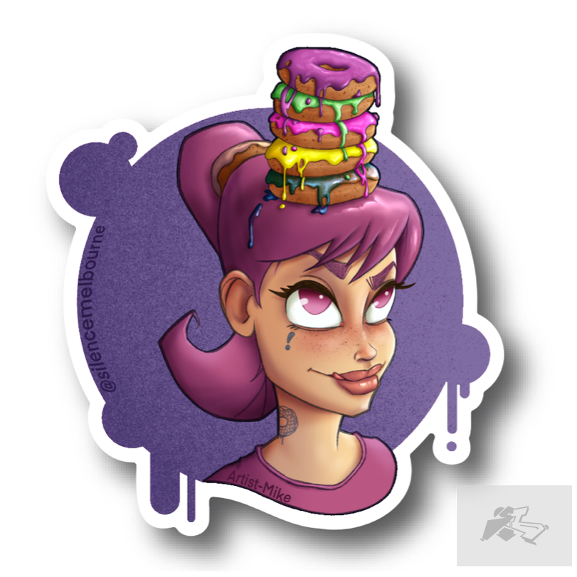 Lady with a stack of donuts on her head - die cut sticker, Poise-Silence Melbourne