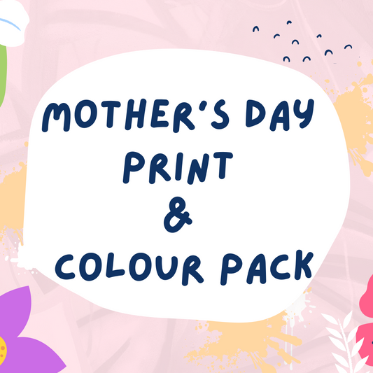 Mother's Day print and color pack with colorful flowers on a pink background