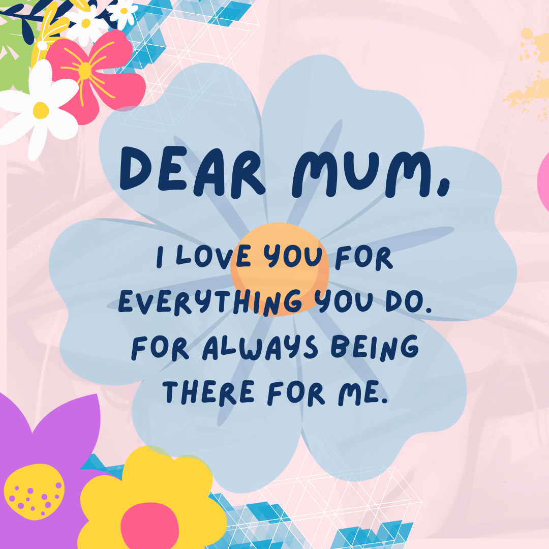 Card with flowers and a message to 'Dear Mum' on a pink background