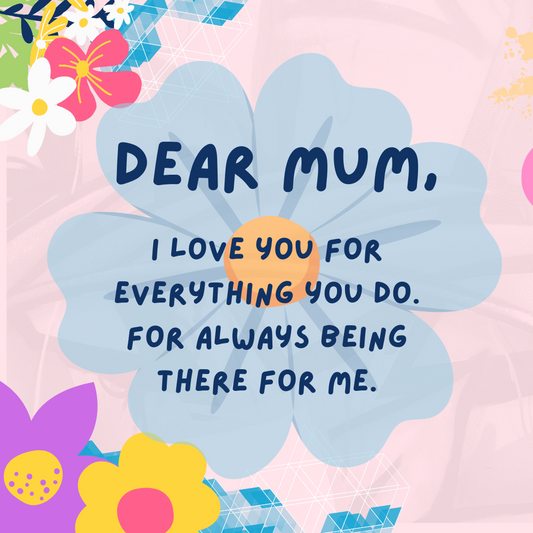 Card with flowers and a message to 'Dear Mum' on a pink background