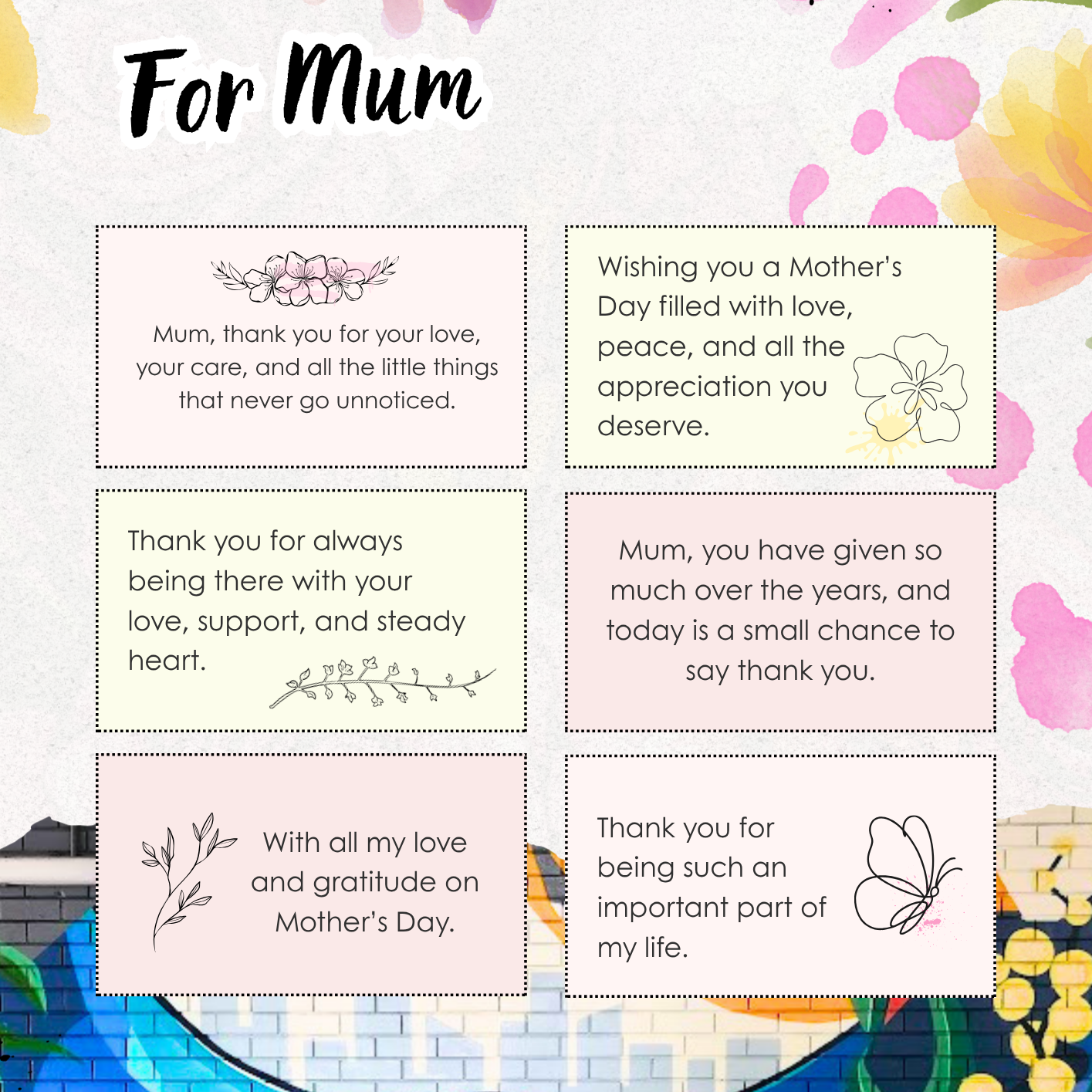 Mother's Day card with floral designs and heartfelt messages for Mum.