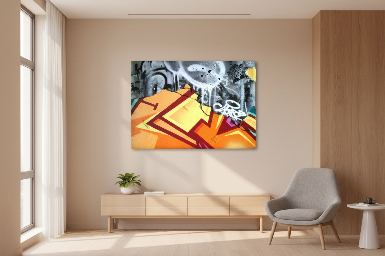 Modern living room with a colorful abstract painting on the wall.