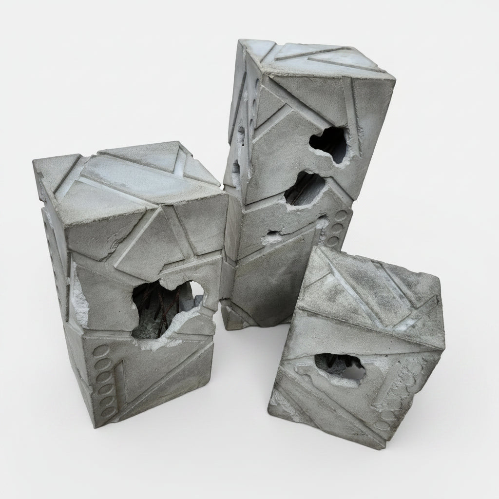Three geometric stone blocks on a concrete surface