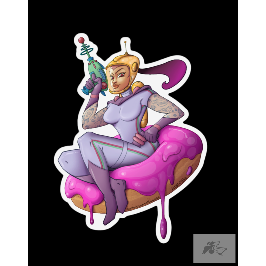 Space ranger sitting on a pink donut die cut sticker-Silence Melbourne