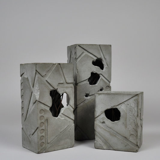 Concrete blocks with geometric patterns on a concrete surface