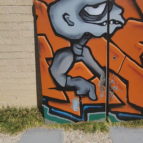 Orange four panel industrial art, graffiti piece with skeleton character. Video
